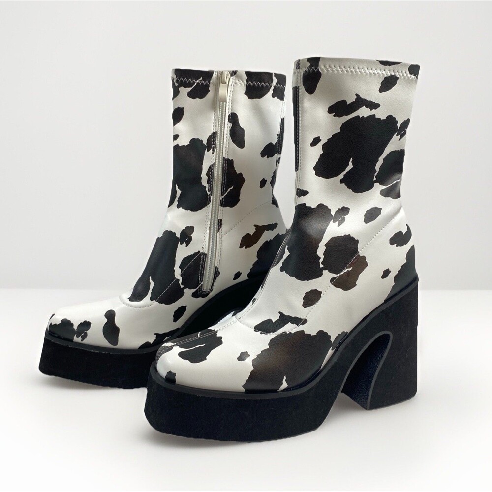 Koi Footwear Holy Cow Print Chunky Heeled Platform Boots Womens 7US Zip Up